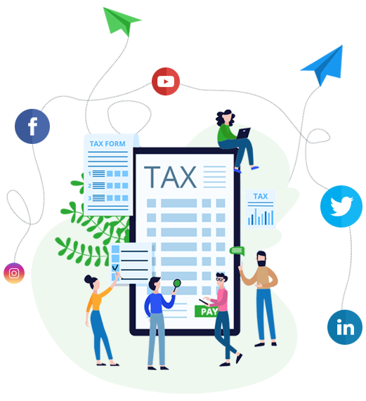 Illustration of large smartphone with TAX text surrounded by people and social networking icons