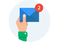 Icon of hand holding blue envelope with notification of 2 new messages