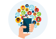 Icon of hand holding smarphone surrounded by circluar icons of people and social networks