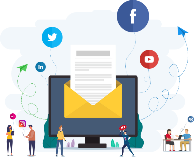 Illustration of large monitor with open envelope, surrounded by people and social networking icons