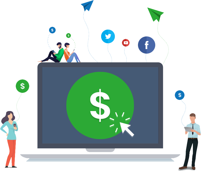 Illustration of laptop with cursor clicking on green circle with dollar sign