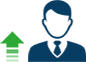 Icon of green arrow pointing upwards next to blue businessman