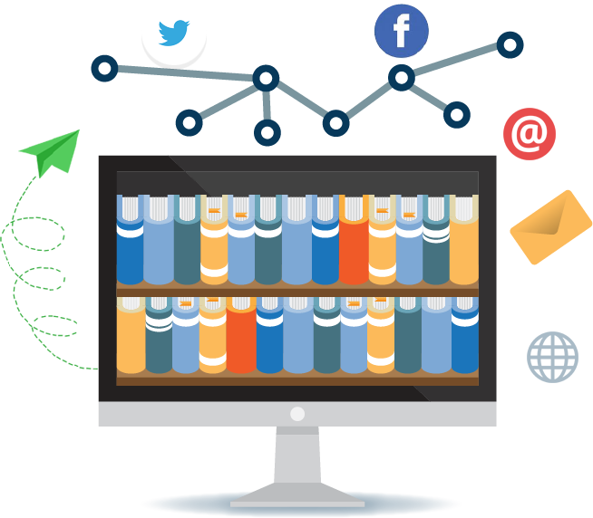 Illustration of bookcase filled with books surrounded by social networking icons, envelopes, and paper airplanes