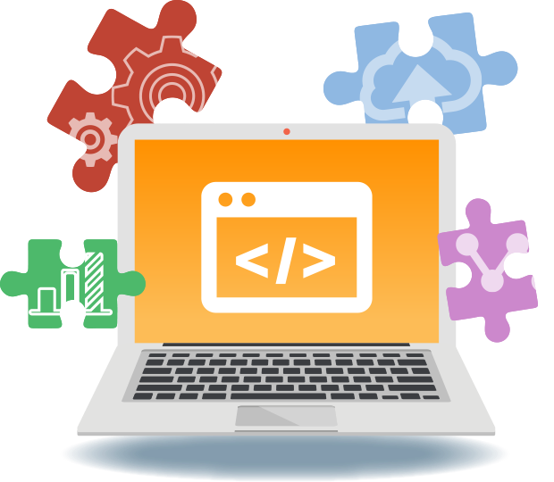 Illustration of laptop with HTML code surrounded by puzzle pieces
