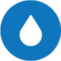 Circular blue icon with white water drop