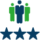 Icon of 3 green and blue businessmen standing over 3 blue stars