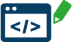Icon of blue window with HTML code and green pencil