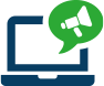 Icon of blue laptop with green speech bubble and white bullhorn