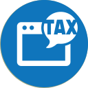 Circular blue icon with window and speech bubble saying TAX