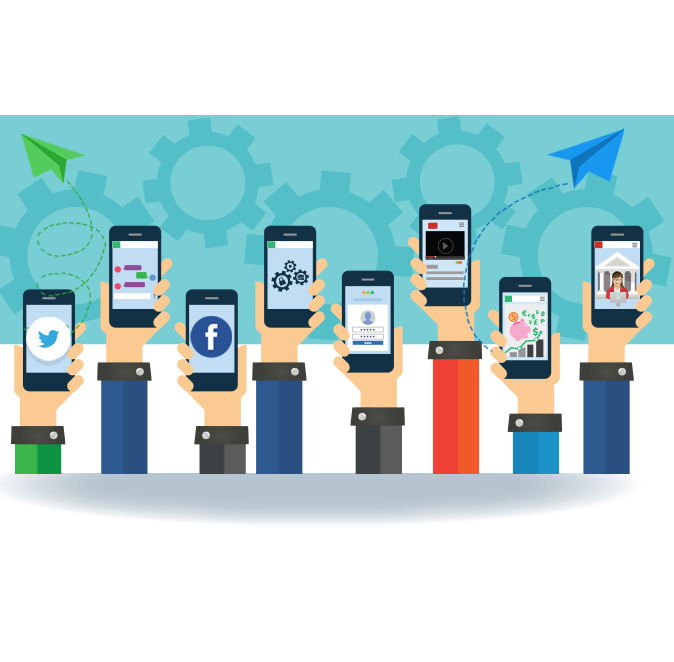Illustration of many hands holding up smartphones