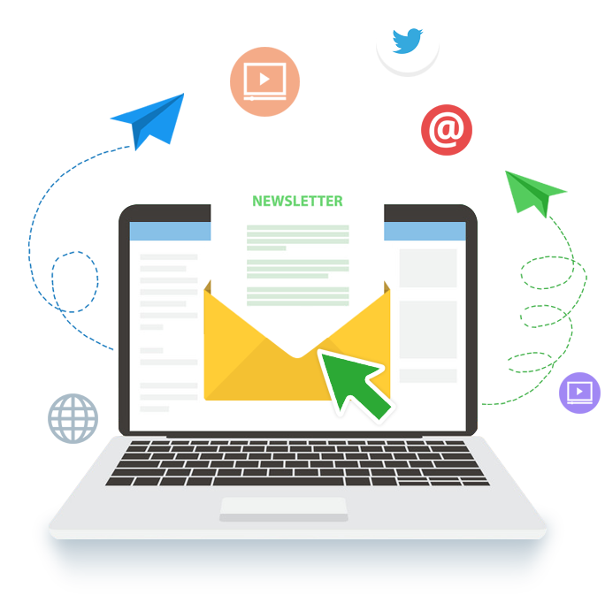 Laptop viewing newsletter in open envelope surrounded by social and sharing icons